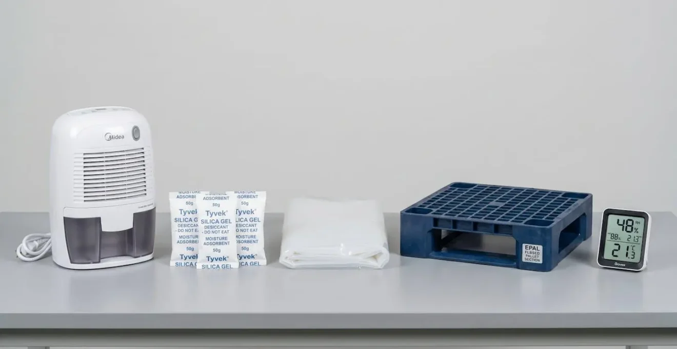 Équipements anti-humidité pour stockage disposés sur table : déshumidificateur, sachets absorbants, housse et hygromètre