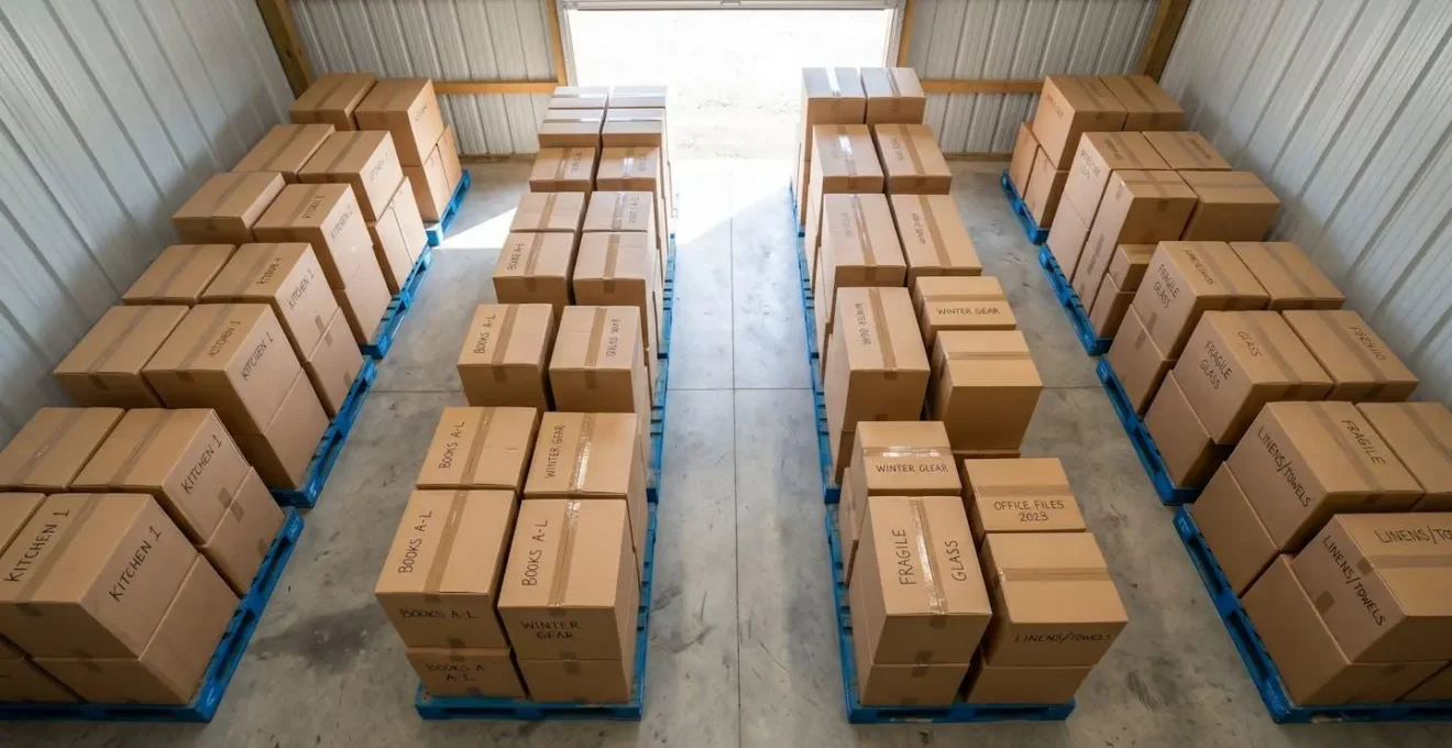 Vue aérienne d'un box de stockage bien organisé avec cartons étiquetés surélevés sur palettes et espaces de circulation